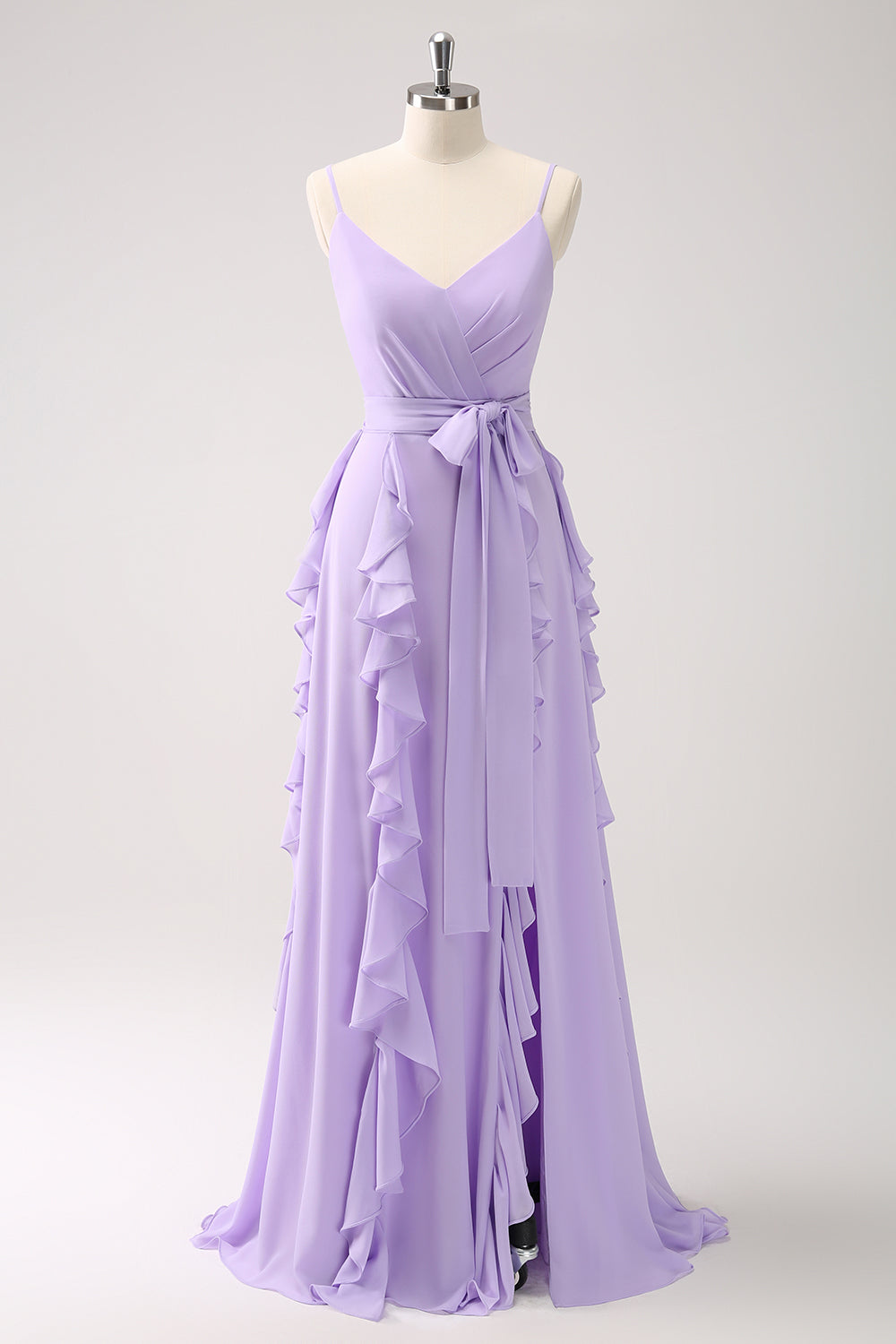 Luolandi A Line Spaghetti Straps Ruffles Sleeveless Long Prom Dress With Slit Bridesmaid Dress